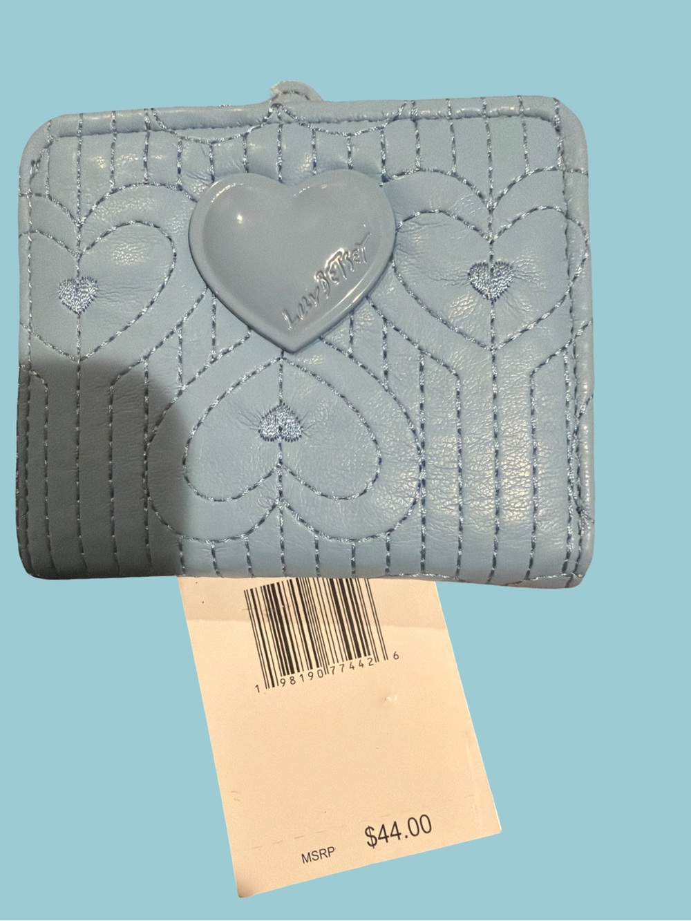 Light Blue Quilted Heart Wallet with Heart Snap
